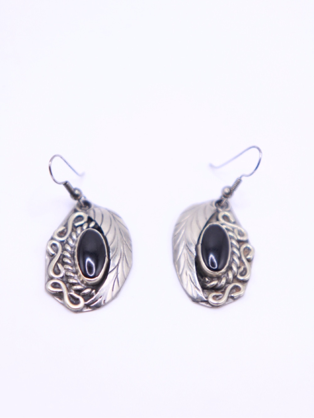 Silver Alpaca Leaf Black Onyx stone Drop Earrings